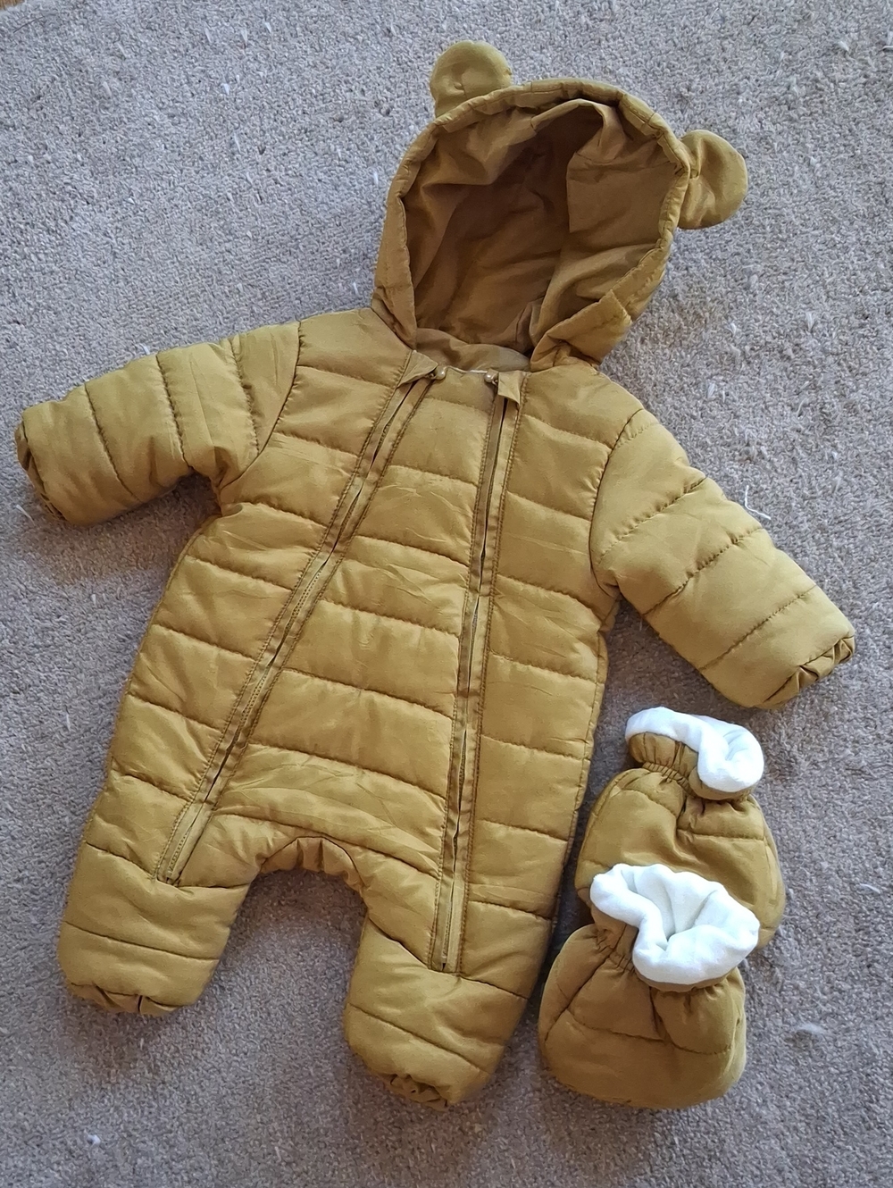 Mustard Yellow Puffer Baby One-Piece with Hood and Boots